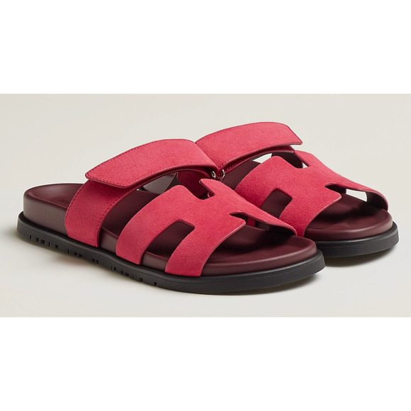 Hermes Chypre Sandal Pink Rose Framboise Suede H Logo Slide Slip On Flat 37.5 - Picture 1 of 12